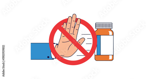 No drugs or medication symbol with hand and bottle