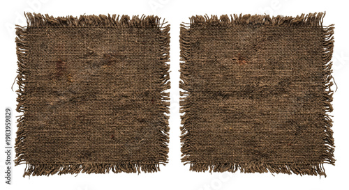 Φωτογραφία Two square distressed burlap fabric patches with frayed edges