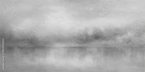 Abstract a serene and moody monochrome landscape unveils, the tranquil expanse of a misty lake mirroring a hazy sky, the soft play of light and shadow, evoking a sense of calm and mystery.