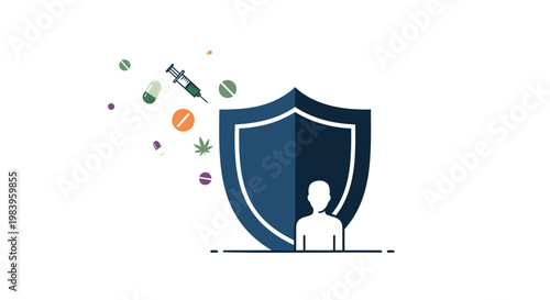 Drug protection concept with shield and various pills flying around symbolizing safety and security