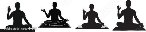 collection of a black silhouette of a man sitting cross-legged on a mat with one hand raised in a peaceful yoga or meditation pose against a pure white background
