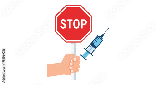 Stop drug abuse concept with hand holding syringe and red stop sign on white background