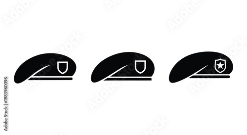 Three military berets with insignia shown in stark black silhouette