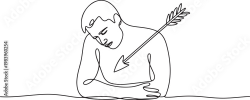 Dejected man with arrow in his chest continuous one line drawing. Arrow in person chest single line art illustration. one line icon drawing vector