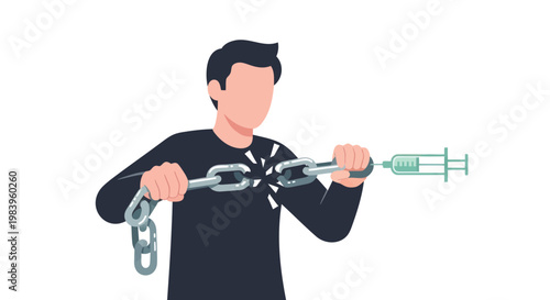 Man breaking free from drug addiction chains with syringe