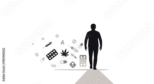Man standing on path with various drugs and pills floating around him symbolizing addiction and substance abuse problems