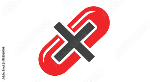 Red capsule pill with black cross symbol on white background representing medication refusal or health warning
