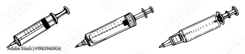 Syringe set with sketchy black line art depiction featuring antique glass syringe, metal plunger, medical device with laboratory equipment and medical tools