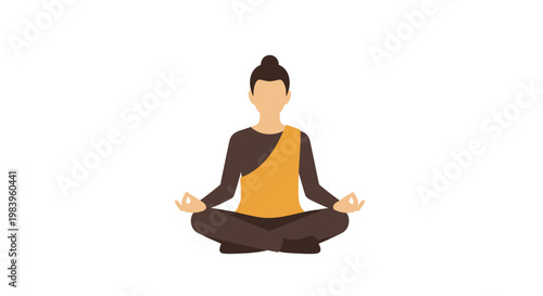 Meditating woman in yoga pose with hands outstretched and eyes closed in orange and brown on white background