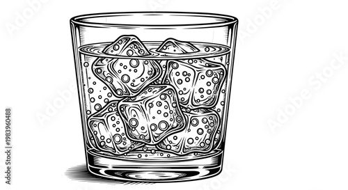 Glass of soda water with ice cubes and bubbles hand drawn line art illustration isolated on white background for design.