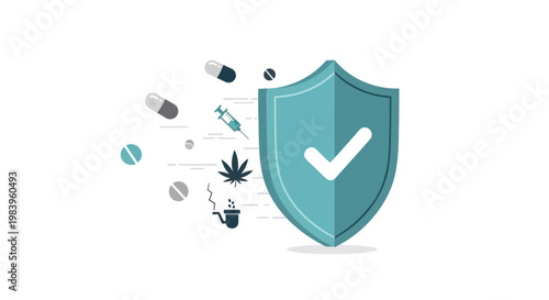 Teal shield protects against various drugs and substances with white checkmark