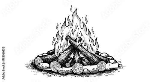 Hand drawn black and white sketch of a campfire with burning logs and stones providing warmth and light.