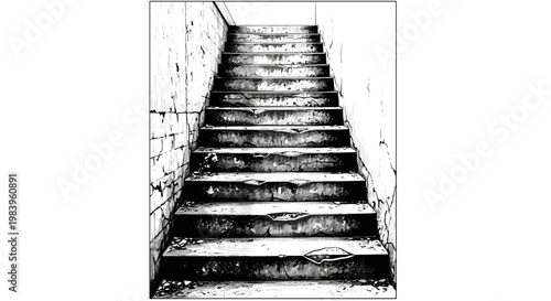 Grungy cracked stone staircase going up with weathered walls and floor detailed sketch in black and white tones.