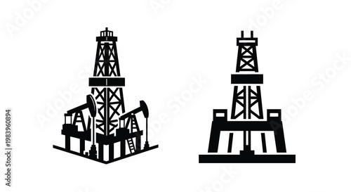 Two oil derricks depicted in a stark black silhouette