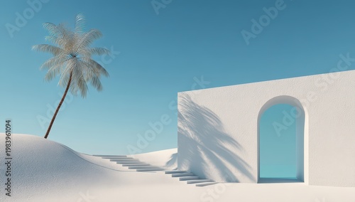 Serene desert landscape with a minimalist white arched structure, stairs, and a