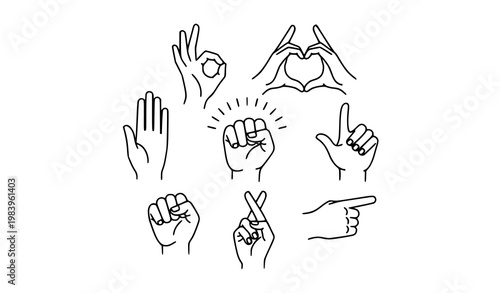 Hand gesture icons in circular layout linear vector with editable stroke isolated on white background