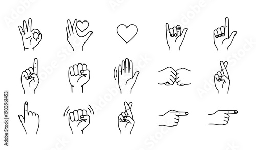 Simple hand gestures linear vector set with editable stroke isolated on white minimal outline icons