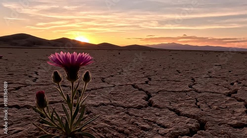 Desert flower blooms at sunset on arid cracked earth