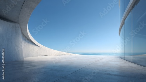futuristic architectural landscape with modern buildings and a clear blue sky