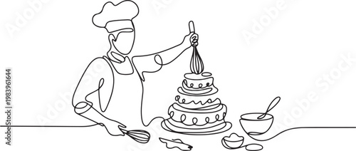 One continuous single drawing line art flat doodle cake, baking, cooking, food, creativity, horizontal, photography, people, chef, one person. one line icon drawing vector