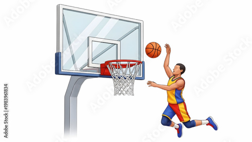 3D Vector Illustration of Basketball Hoop with Player and Ball – Sports Action Scene Isolated on White Background