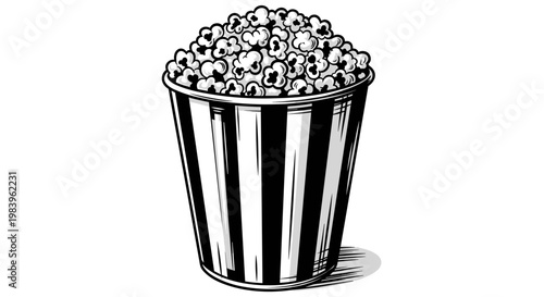 Illustration of popcorn bucket with black and white stripes for snacks at home and entertainment food for cinema lovers.