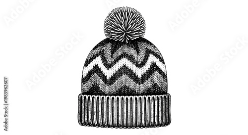 Knitted winter beanie hat with pom pom, chevron pattern, cozy and warm headwear for cold weather.