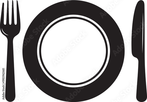 Classic black and white illustration of a fork, plate, and knife set - stock vector.