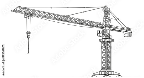 Large construction crane, detailed outline vector illustration on white background, engineering equipment.