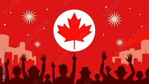 Crowd celebrating with a large canadian maple leaf flag