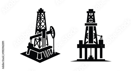 Two oil derricks depicted in a stark black silhouette