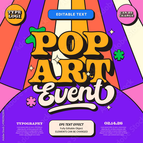 Editable Text Effect Vector of Colorful Memphis Pop art festival Carnival event groovy title digital poster design for Display, digital marketing, Agency, game champion, event, poster