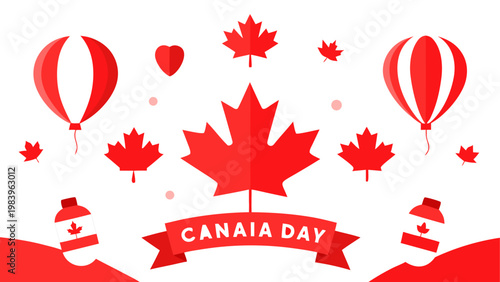 Celebration of canada day with hot air balloons and maple leaf