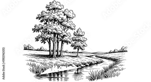 Lush landscape with trees, river, and rolling hills, idyllic countryside scene depicting nature and serene outdoor environment.