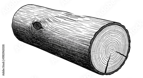Log of wood in sketch style. wood texture of cross section and tree rings. isolated on white background.