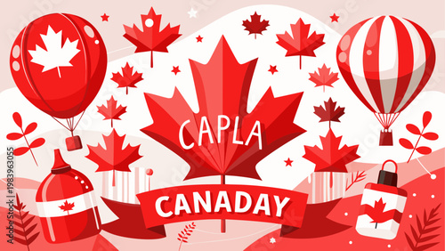 Colorful maple leaf decorations with hot air balloons for canada