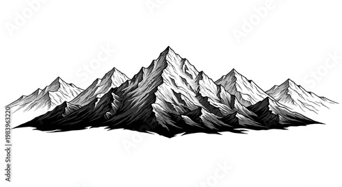 Majestic mountain range panorama with high peaks and snowy ridges in dramatic black and white hand drawn engraving style.