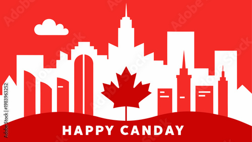 Happy canada day celebration with city skyline and maple leaf