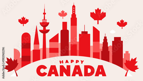 Illustration of canada skyline with maple leaf elements