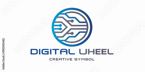 A blue and gray digital fingerprint wheel logo with text below