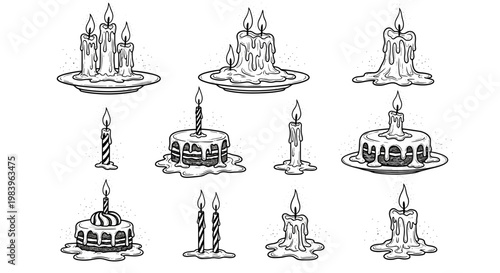 Melting candles and birthday cake slices collection hand drawn line art illustration set isolated on white background art.