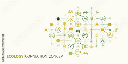 A network of green icons representing interconnected ecological concepts