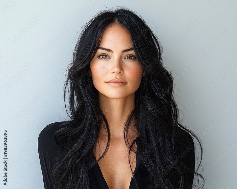 Naklejka premium Mysterious portrait of a person with long wavy black hair, blurred face, wearing a low-cut black top against a pale neutral background, calm confident posture