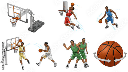 Top-Down Basketball Hoop Blueprint – Sports Player Activity Elements, CAD Technical Drawing Set on White Background