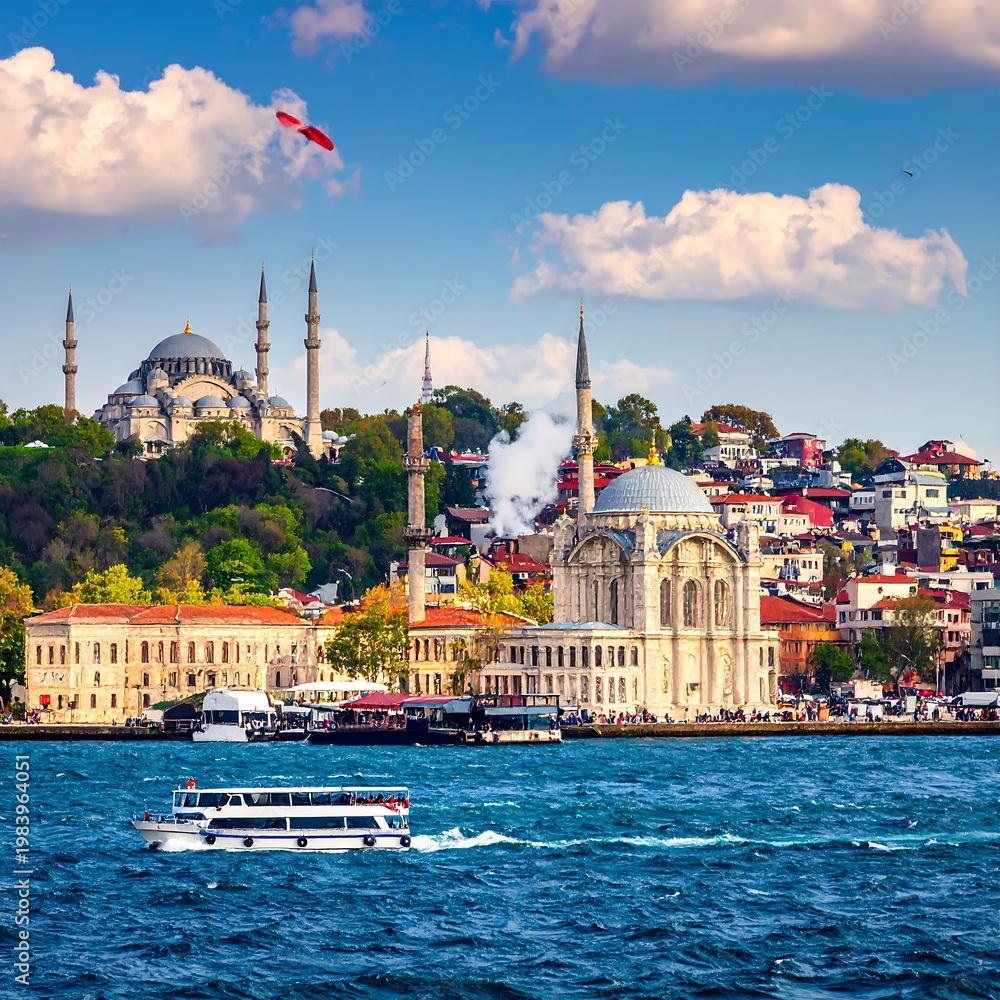 Naklejka premium Scenic waterfront view showcasing mosques, buildings, watercraft under a blue, cloudy sky