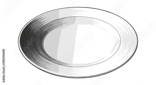 Oval white ceramic plate with gray shading and rim isolated on white background, simple dish for food presentation.