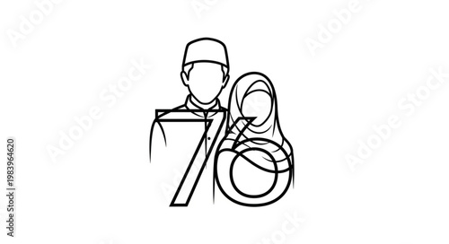Islamic Couple with Number 76 Celebrating Anniversary in Simple Line Art.