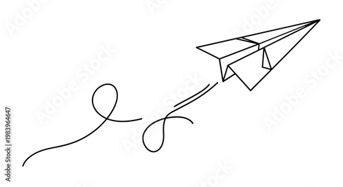 Paper airplane flying through air with simple line art trail transportation travel fun childhood game.