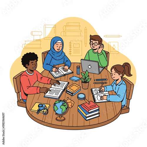Diverse group of people studying together.