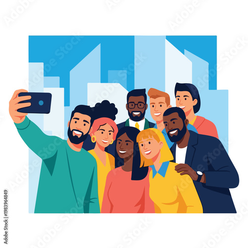 Diverse group of people taking selfie.